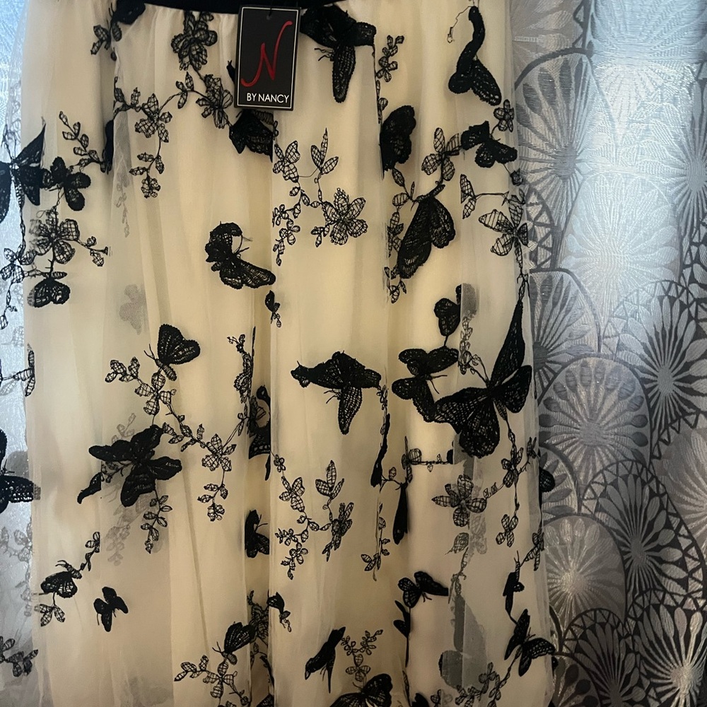 N by Nancy Cream A-Line Skirt with Black Butterfly Appliqué